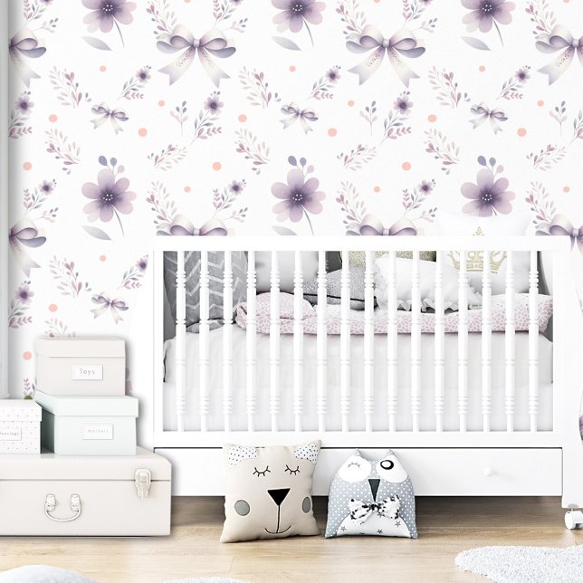 Schattigee Paarse Witte Bloemen Boog Meisje Kinder Behang (Cute Purple White Floral Bow Girl Kids Wallpaper)