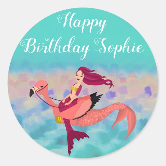 Schattigee Paarse Zeemeermin Flamingo Happy Birthd Ronde Sticker (Voorkant)