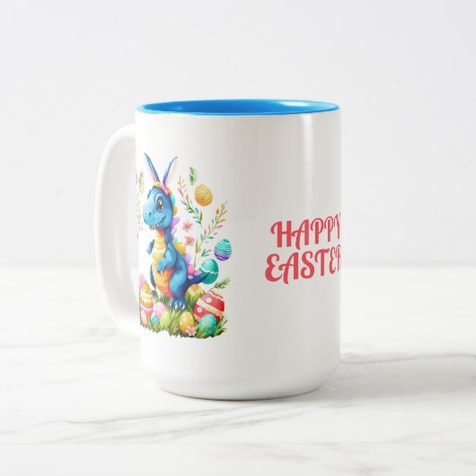 Schattigee Paasdinosaurus met konijnenoren koffie  Tweekleurige Koffiemok (Voorkant links)