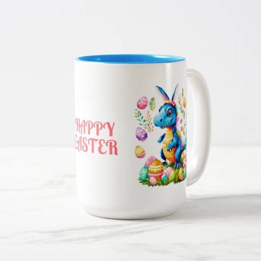 Schattigee Paasdinosaurus met konijnenoren koffie  Tweekleurige Koffiemok (Voorkant rechts)