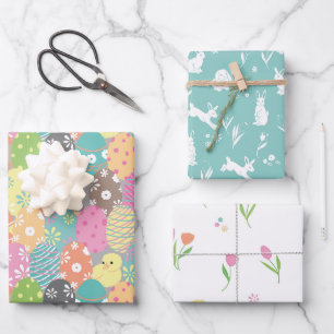 Schattigee paaseieren en konijnen, lentetulpen inpakpapier vel