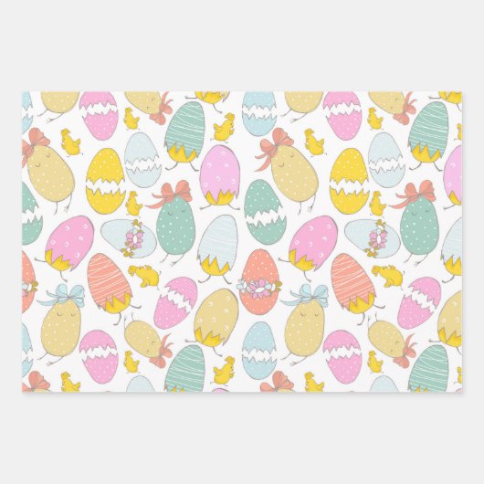 Schattigee paaseieren, paaskuikens en roze polkado inpakpapier vel (Voorkant)