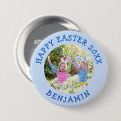 Schattigee paasfoto met jongensnaam blauw ronde button 7,6 cm (Voorkant /achterkant)