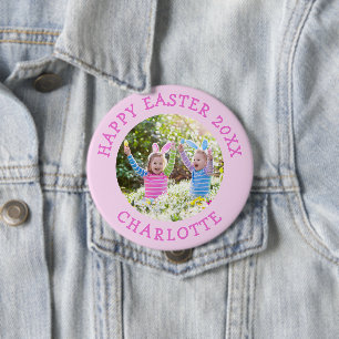 Schattigee paasfoto met meisjes roze naam ronde button 4,0 cm