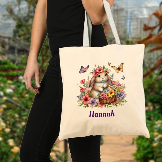 Schattigee paashaas bloemen aangepaste naam eierja tote bag