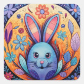 Schattigee paashaas bloemenbron vierkante sticker (Voorkant)