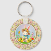 Schattigee paashaas en Happy Spring Flowers Vakant Sleutelhanger (Voorkant)