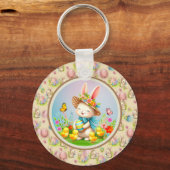 Schattigee paashaas en Happy Spring Flowers Vakant Sleutelhanger (Voorkant)