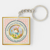Schattigee paashaas en Happy Spring Flowers Vakant Sleutelhanger (Achterkant)