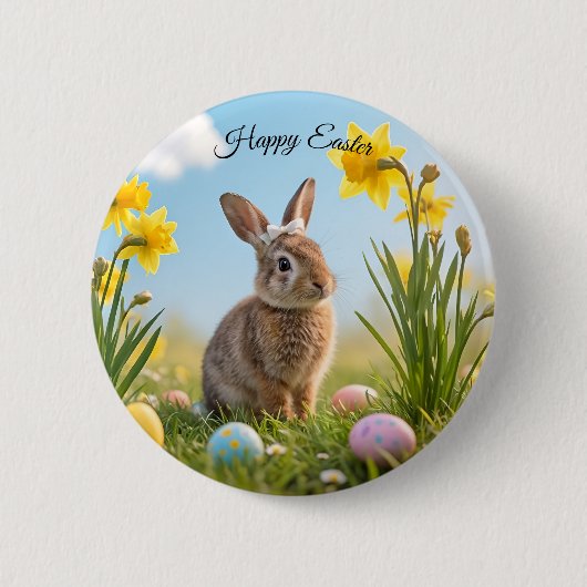 Schattigee paashaas en narcis ronde button 5,7 cm (Voorkant)