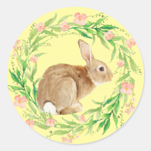 Schattigee paashaas in bloemenkrans ronde sticker