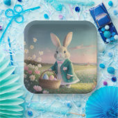 Schattigee paashaas in een klein blauw jasje papieren bordje (Feest)