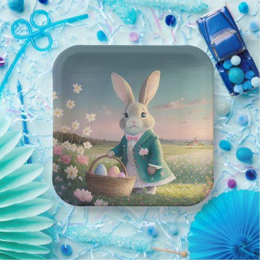 Schattigee paashaas in een klein blauw jasje papieren bordje (Feest)