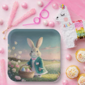 Schattigee paashaas in een klein blauw jasje papieren bordje (Feest)