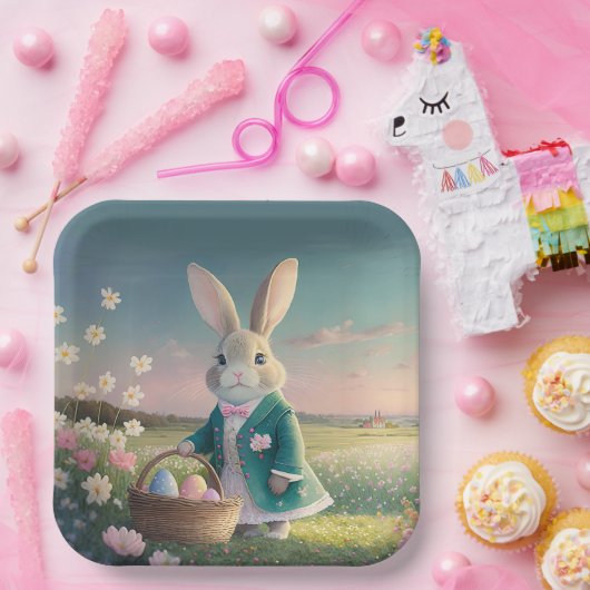 Schattigee paashaas in een klein blauw jasje papieren bordje (Feest)