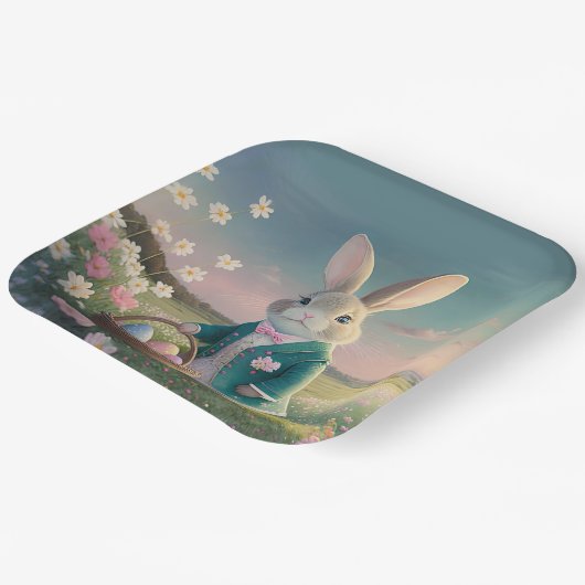 Schattigee paashaas in een klein blauw jasje papieren bordje (Gebogen)