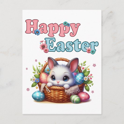 Schattigee paashaas in mand met eitjes en bloemen briefkaart (Voorkant)
