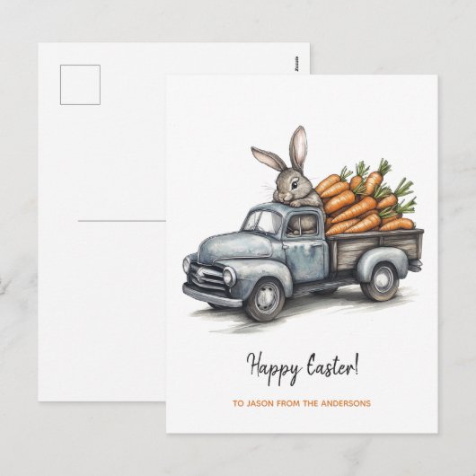 Schattigee paashaas in rustieke  truck feestdagenkaart (Voorkant / Achterkant)