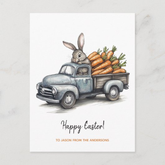 Schattigee paashaas in rustieke  truck feestdagenkaart (Voorkant)