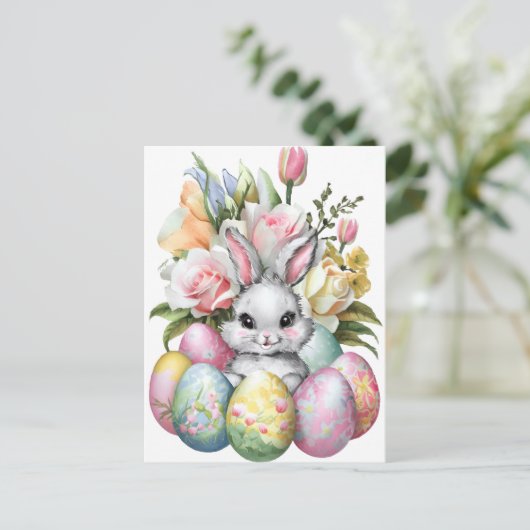 Schattigee paashaas kleurrijke eitjes met bloemetj feestdagenkaart (Staand voorkant)