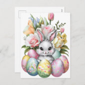 Schattigee paashaas kleurrijke eitjes met bloemetj feestdagenkaart (Voorkant / Achterkant)