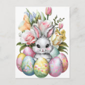 Schattigee paashaas kleurrijke eitjes met bloemetj feestdagenkaart (Voorkant)
