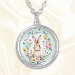 Schattigee paashaas met bloemen gepersonaliseerd zilver vergulden ketting