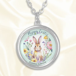 Schattigee paashaas met bloemen gepersonaliseerd zilver vergulden ketting