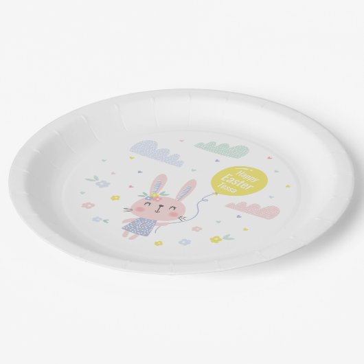 Schattigee paashaas met bloemen, wolken en ballon papieren bordje (Gekanteld)