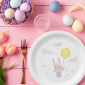 Schattigee paashaas met bloemen, wolken en ballon papieren bordje