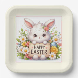 Schattigee paashaas met een paasbord papieren bordje