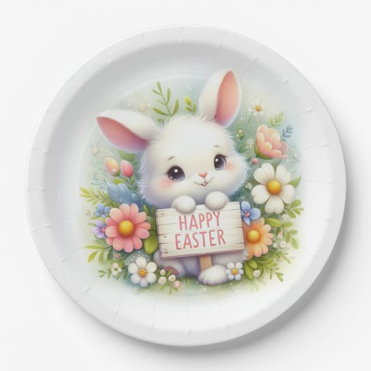 Schattigee paashaas met een paasbord papieren bordje (Voorkant)