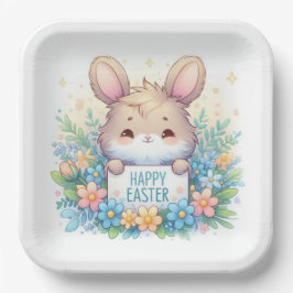Schattigee paashaas met een paasbord papieren bordje