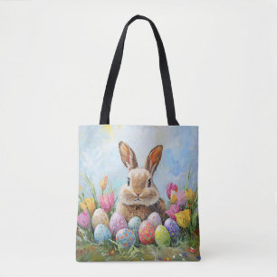 Schattigee paashaas met gekleurde eieren tote bag