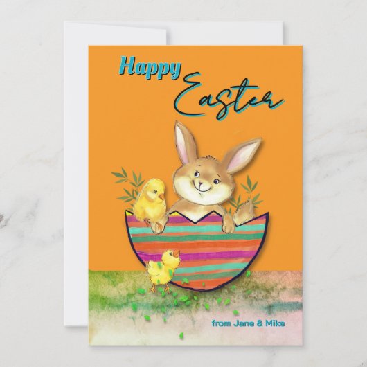 Schattigee paashaas met kuikens Sinaasappel Feestdagenkaart (Voorkant)