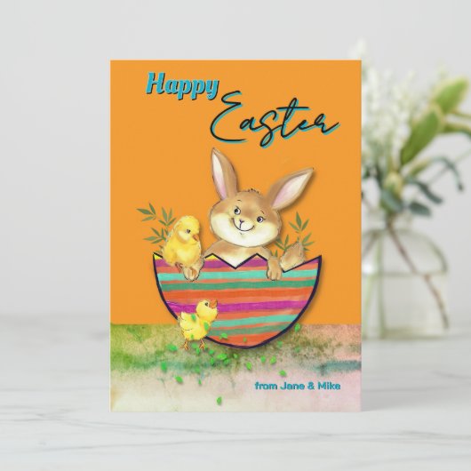 Schattigee paashaas met kuikens Sinaasappel Feestdagenkaart (Staand voorkant)
