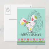 Schattigee paashaas met tulpen en paasei feestdagenkaart (Voorkant / Achterkant)
