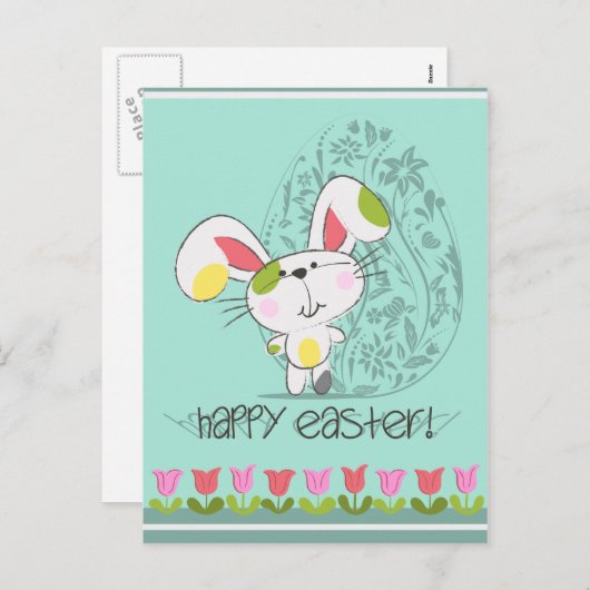 Schattigee paashaas met tulpen en paasei feestdagenkaart (Voorkant / Achterkant)