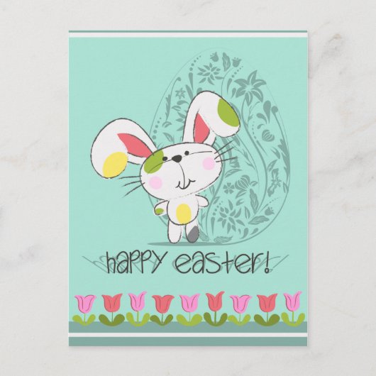 Schattigee paashaas met tulpen en paasei feestdagenkaart (Voorkant)