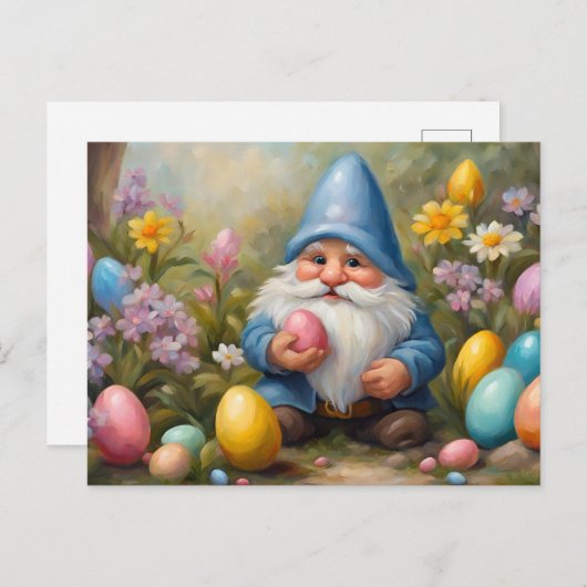 Schattigee paaskabouter met paaseieren en -bloemen feestdagenkaart (Voorkant / Achterkant)