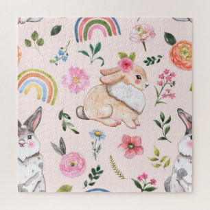 Schattigee paaskonijnen bloemenpatroon legpuzzel