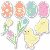 Schattigee paaskuikens, versierde eieren en tulpen sticker (Voorkant)