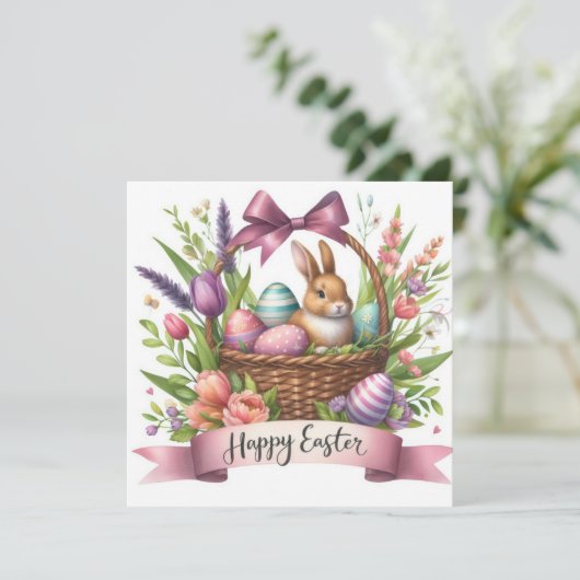 Schattigee Paasmand Bunny Floral Illustration Feestdagenkaart (Staand voorkant)