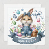 Schattigee Paasmand Bunny Overalls Illustratie Feestdagenkaart (Voorkant / Achterkant)