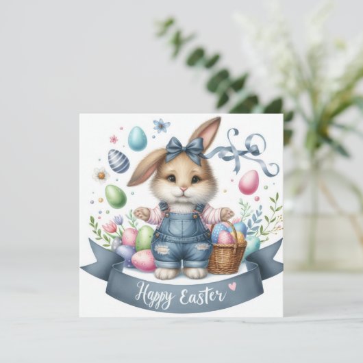 Schattigee Paasmand Bunny Overalls Illustratie Feestdagenkaart (Staand voorkant)