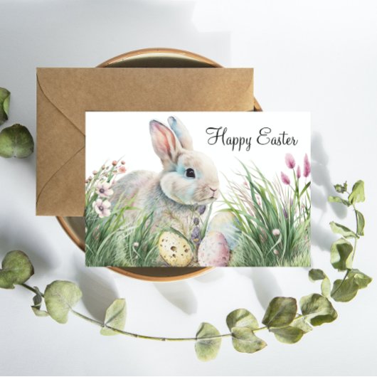 Schattigee paaswensen: Waterverf Bunny en Eggs Briefkaart