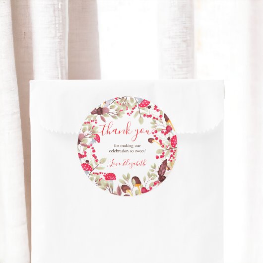 Schattigee paddenstoel rustiek bos dank u baby sho ronde sticker