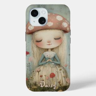 Schattigee paddenstoelenfee in een bloemenweide op iPhone 15 case
