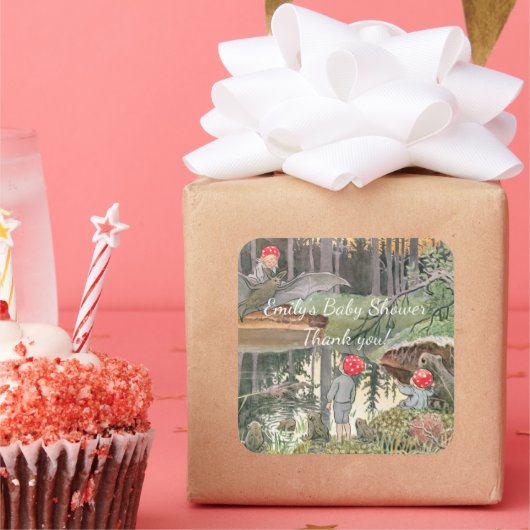 Schattigee paddestoel Woodland Frog Baby shower Vierkante Sticker (Feest)