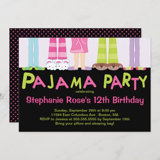 Schattigee Pajama Party Verjaardagsfeestuitnodigin Kaart (Voorkant / Achterkant)